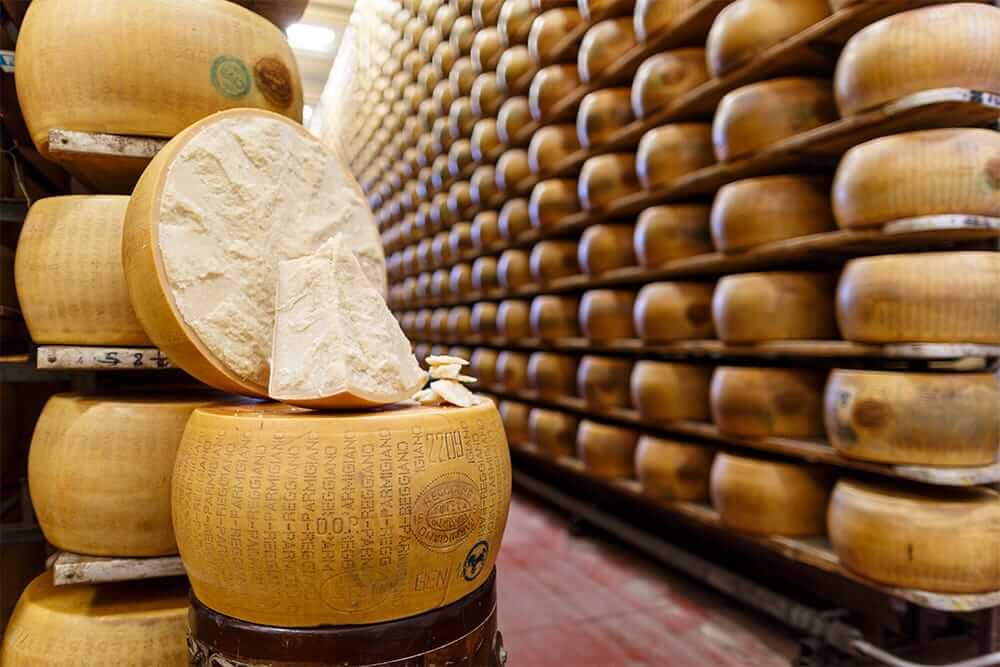 Italian Parmigiano Reggiano in warehouse